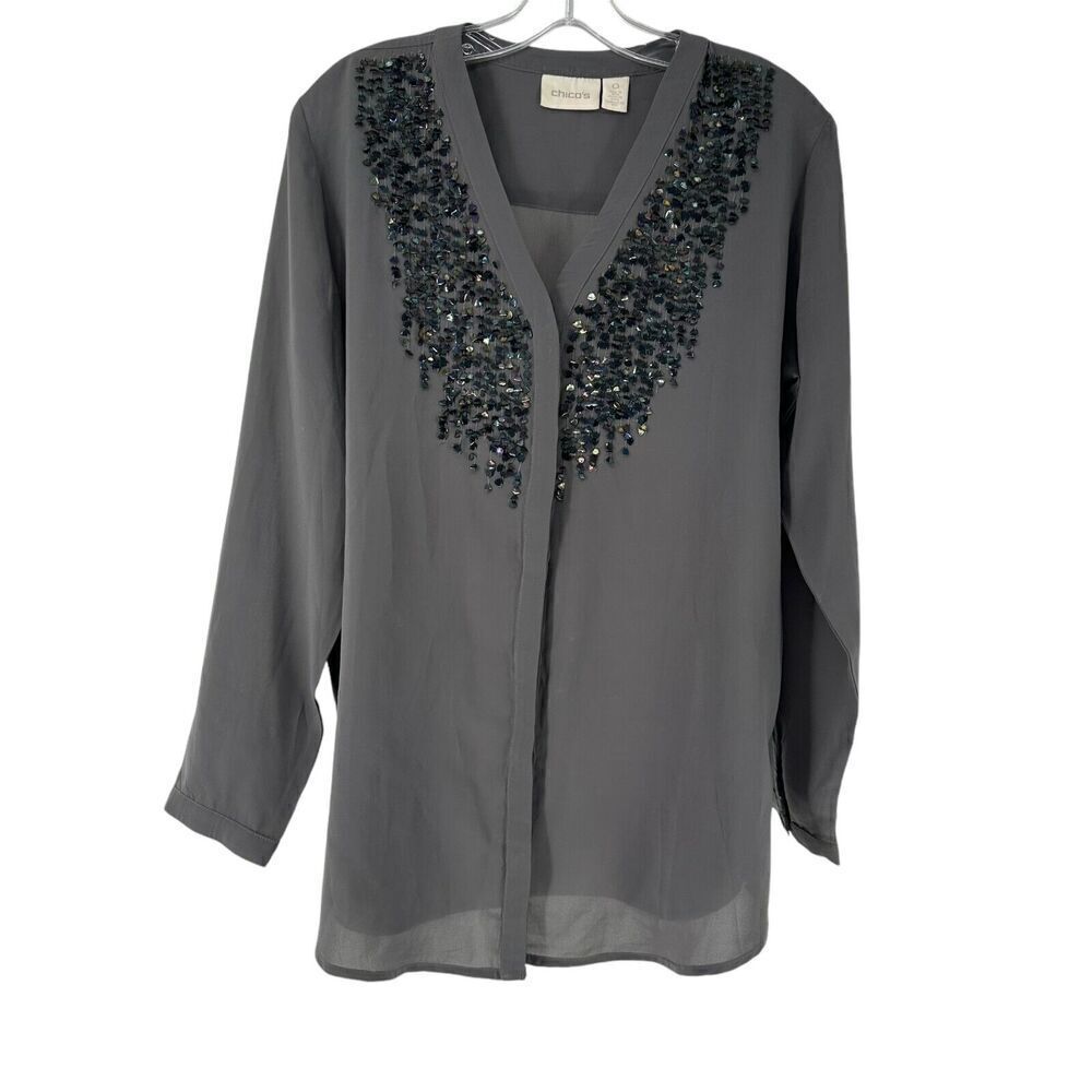 Chicos Top Gray V Neck Button Up Iridescent Sequin Embellished Size 0 US Small